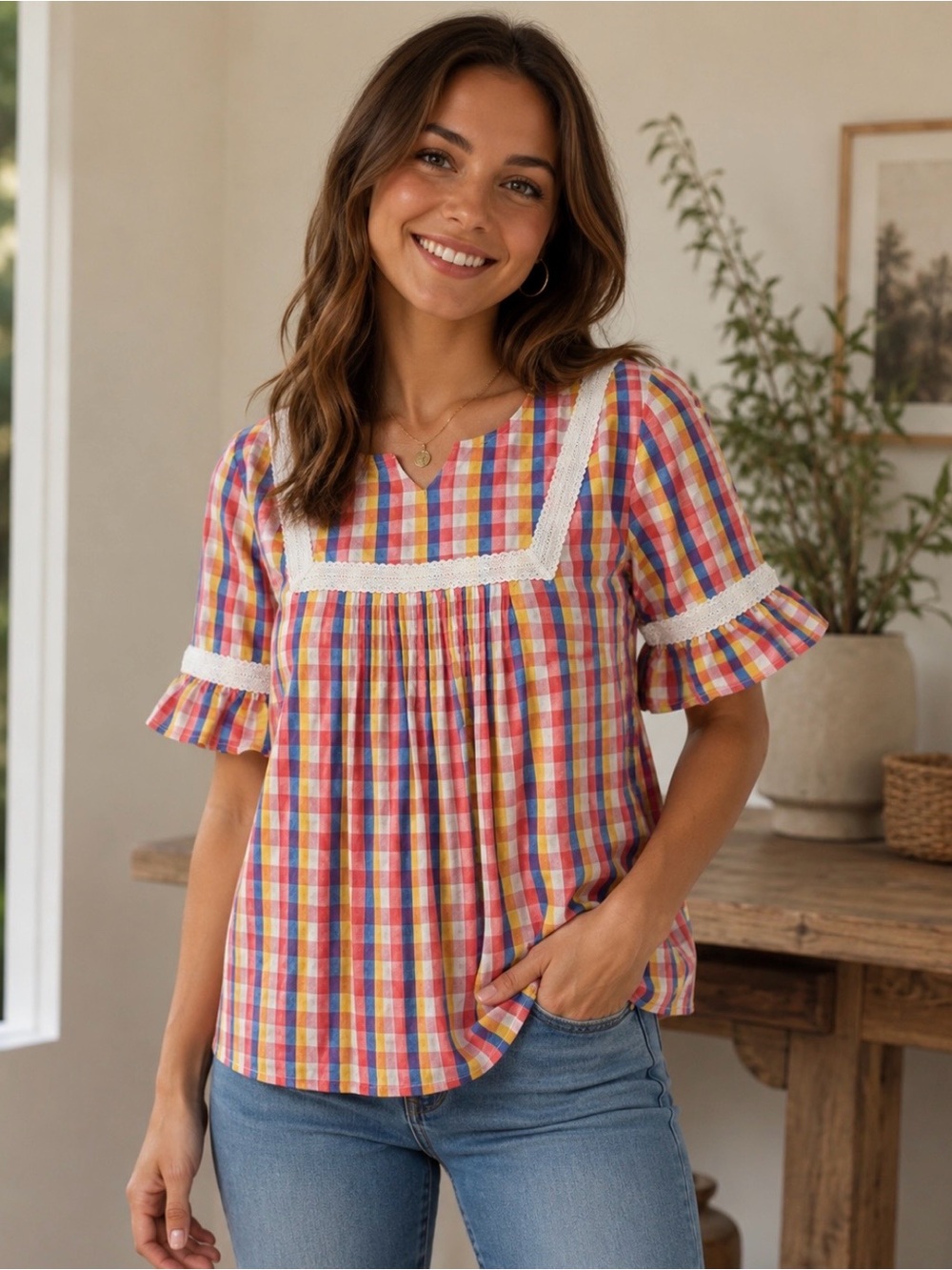 English Factory Multi Color Check Babydoll Top Sz L